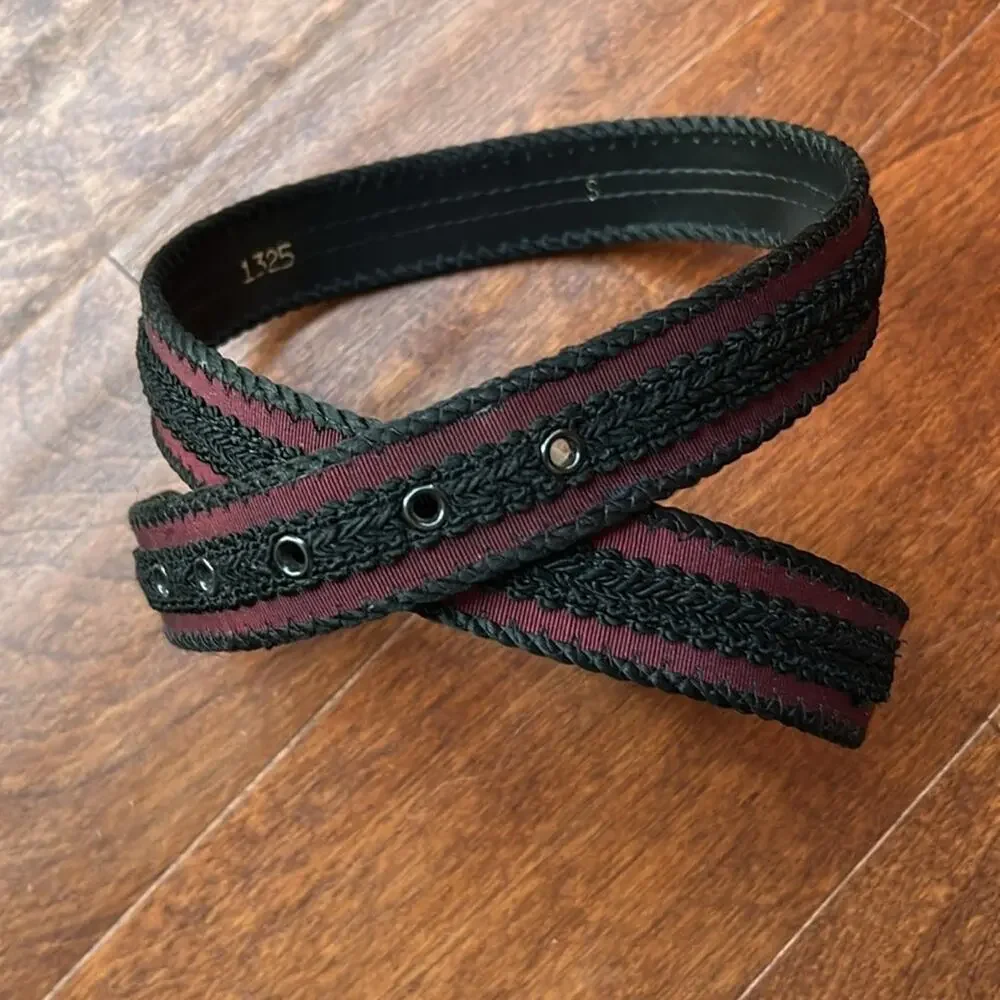 Super Vintage, Super Cool Black and Burgundy Fabric and Ribbon Belt, Size Small